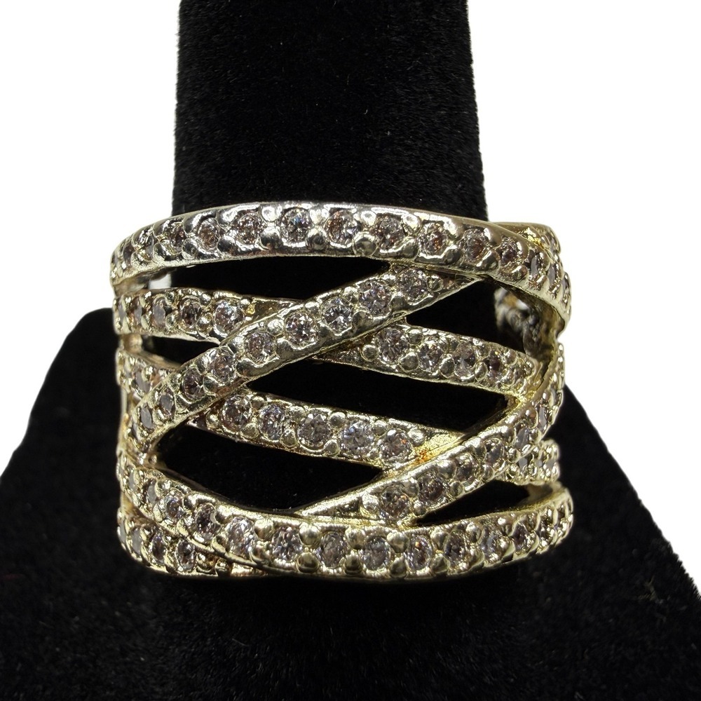 Gold Tone Clear Pave Gem Statement Wide Band Criss Cross Ring Jewelry Size 8